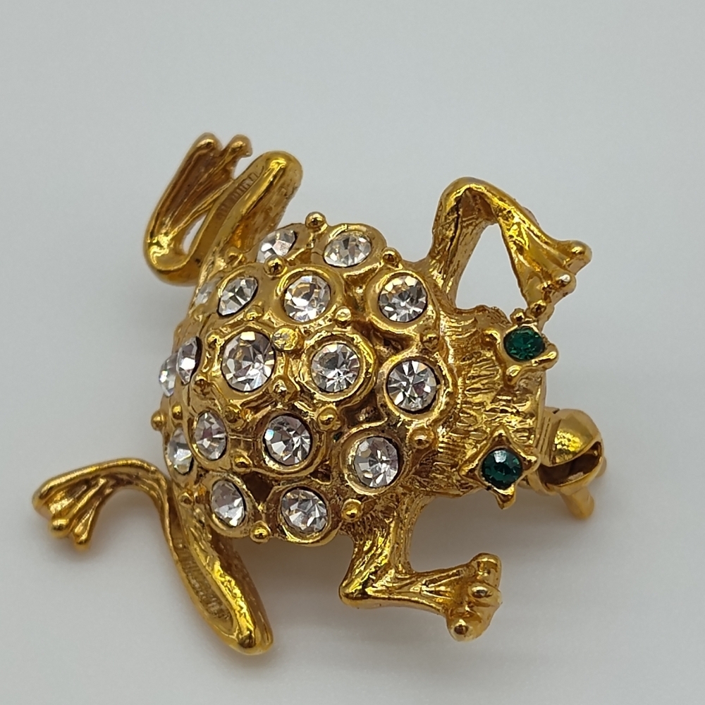 ROMAN Vintage Gold Tone Frog Brooch Rhinestone Crystal Figural Pin
